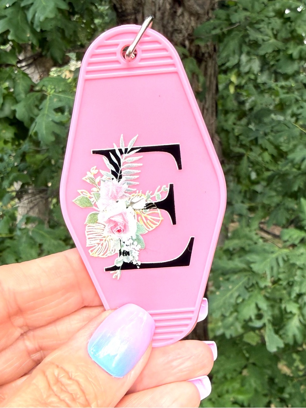 Vintage style motel key 3.5” keychain pretty pink letter E gift idea